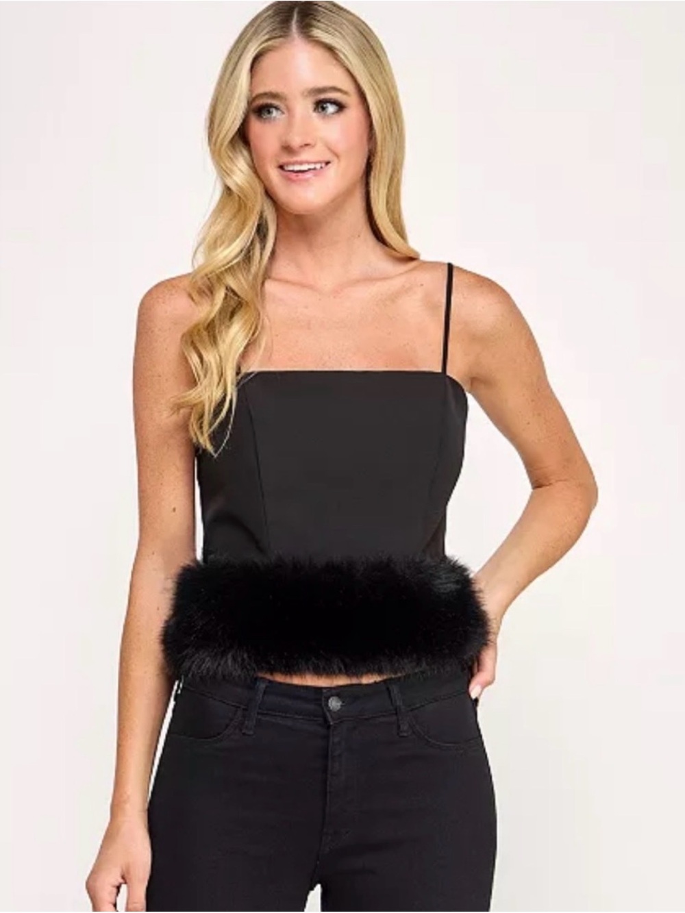 Black Faux Fur Trim Spaghetti Strap Crop Top - Women